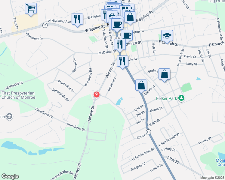 map of restaurants, bars, coffee shops, grocery stores, and more near 235 Boulevard in Monroe