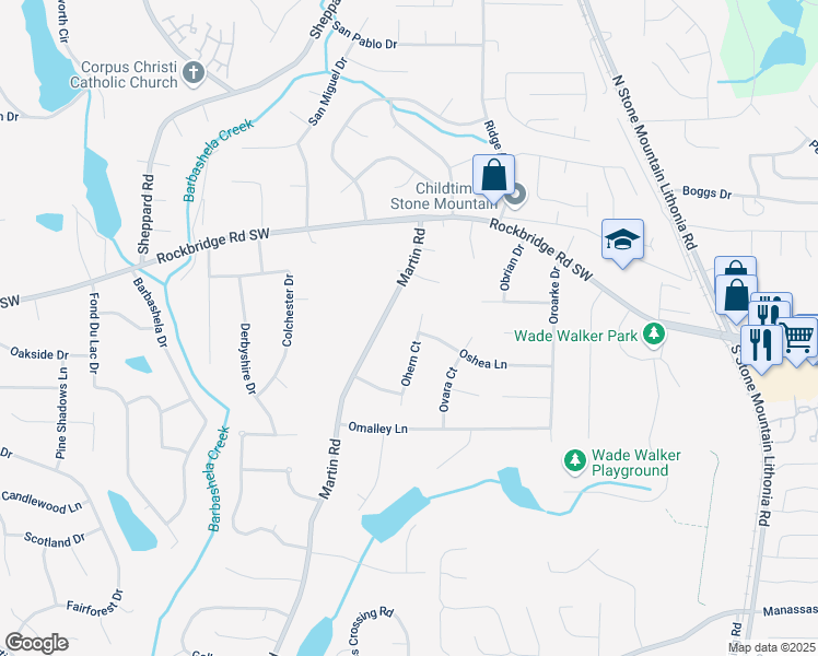 map of restaurants, bars, coffee shops, grocery stores, and more near 417 Ohern Court in Stone Mountain