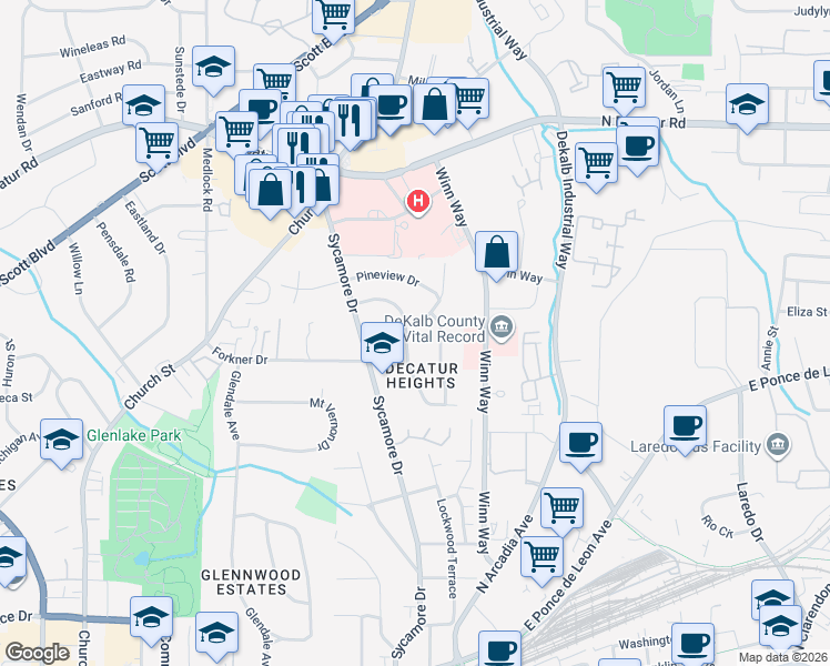 map of restaurants, bars, coffee shops, grocery stores, and more near 394 Woodhaven Drive in Decatur