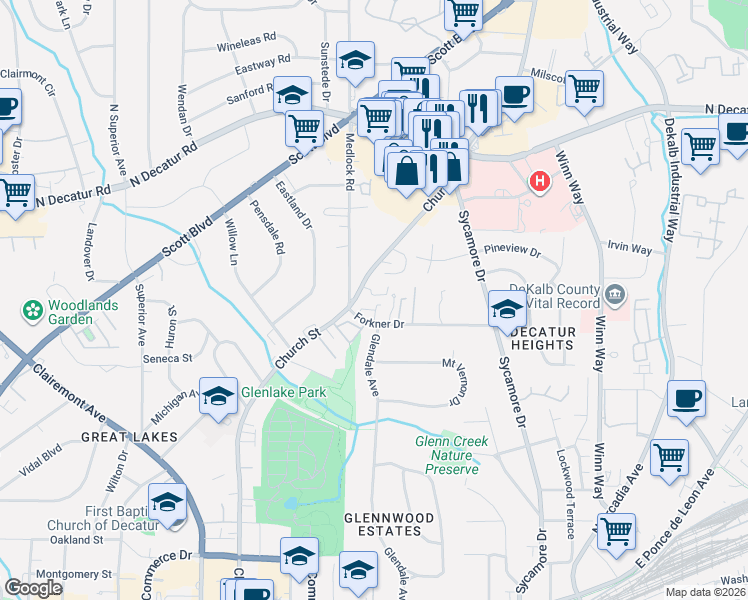 map of restaurants, bars, coffee shops, grocery stores, and more near 1335 Church Street in Decatur