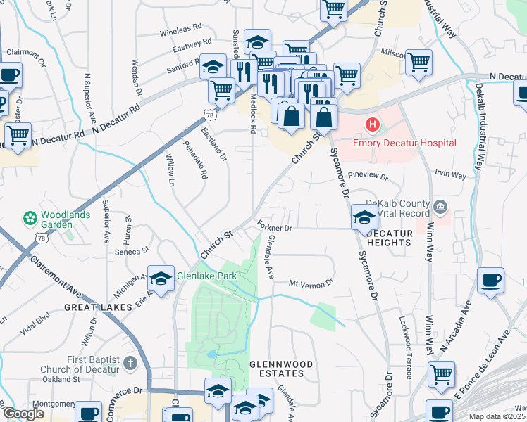 map of restaurants, bars, coffee shops, grocery stores, and more near 1335 Church Street in Decatur