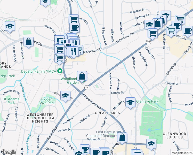 map of restaurants, bars, coffee shops, grocery stores, and more near 1020 Scott Boulevard in Decatur