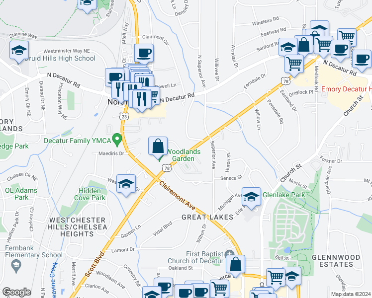 map of restaurants, bars, coffee shops, grocery stores, and more near 1020 Scott Boulevard in Decatur