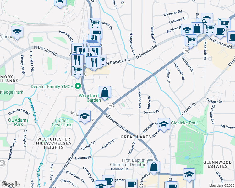 map of restaurants, bars, coffee shops, grocery stores, and more near 1020 Scott Boulevard in Decatur