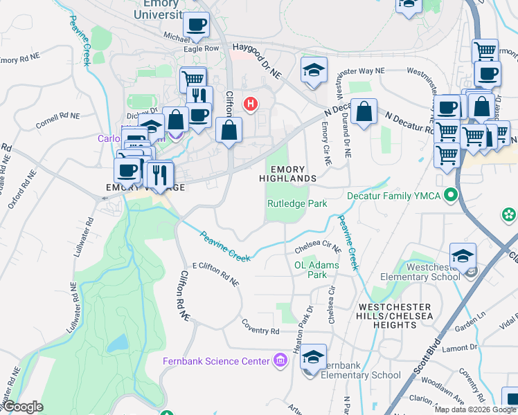 map of restaurants, bars, coffee shops, grocery stores, and more near 422 Emory Drive Northeast in Atlanta