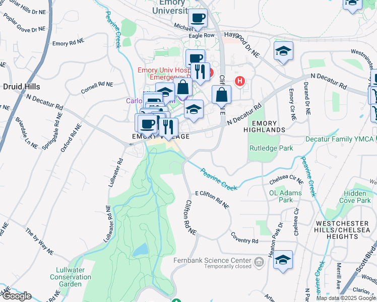 map of restaurants, bars, coffee shops, grocery stores, and more near 1478 Oxford Road Northeast in Atlanta