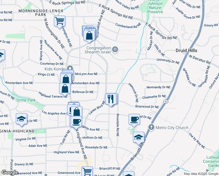 map of restaurants, bars, coffee shops, grocery stores, and more near 1181 Lanier Boulevard Northeast in Atlanta
