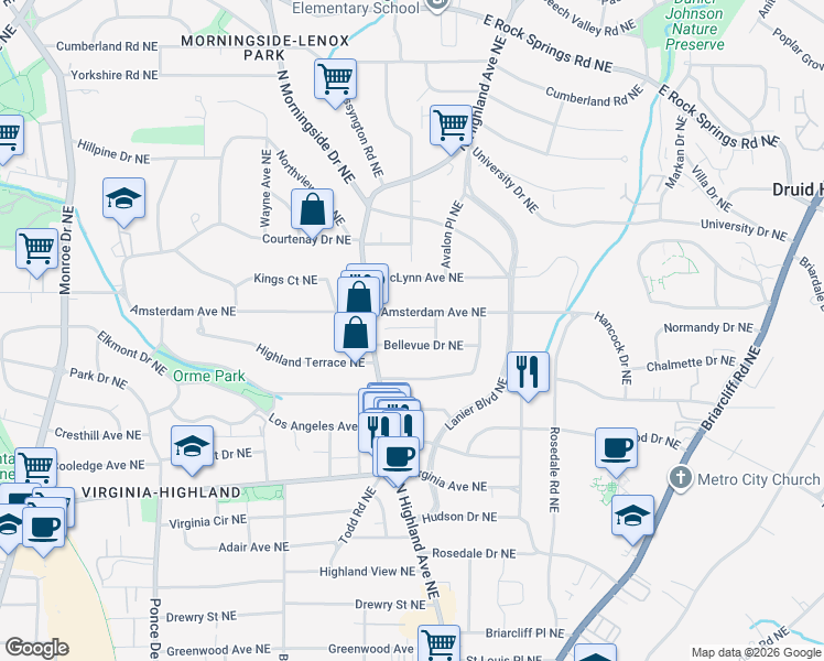 map of restaurants, bars, coffee shops, grocery stores, and more near 1020 Bellevue Drive Northeast in Atlanta