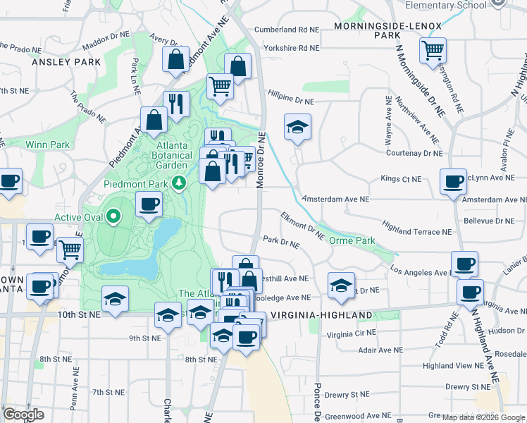 map of restaurants, bars, coffee shops, grocery stores, and more near 1202 Monroe Drive Northeast in Atlanta