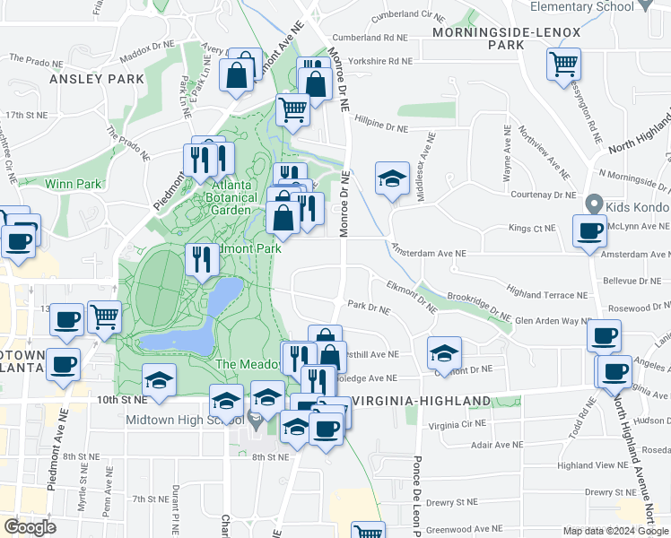 map of restaurants, bars, coffee shops, grocery stores, and more near 1202 Monroe Drive Northeast in Atlanta