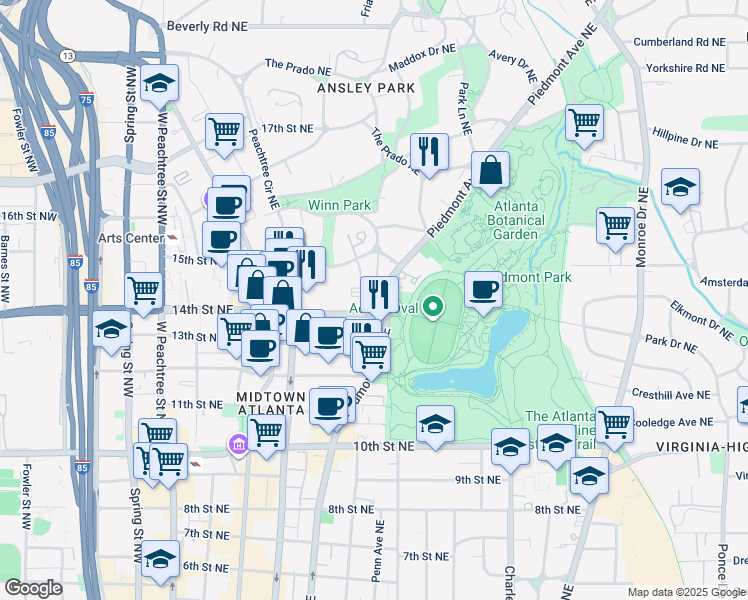 map of restaurants, bars, coffee shops, grocery stores, and more near 1198 Piedmont Avenue Northeast in Atlanta