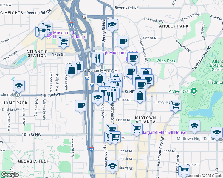 map of restaurants, bars, coffee shops, grocery stores, and more near 1200 West Peachtree Street Northwest in Atlanta