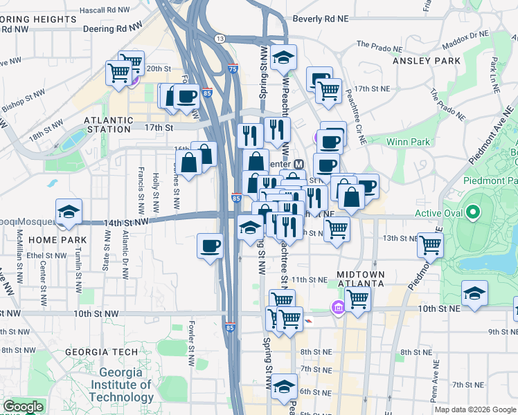 map of restaurants, bars, coffee shops, grocery stores, and more near 1211 Williams Street Northwest in Atlanta