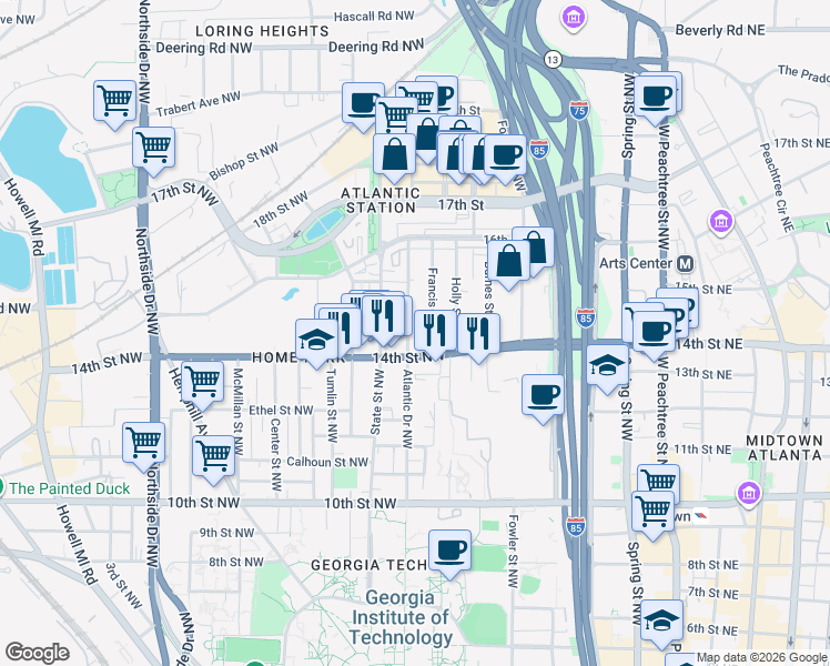 map of restaurants, bars, coffee shops, grocery stores, and more near 1179 Atlantic Drive Northwest in Atlanta