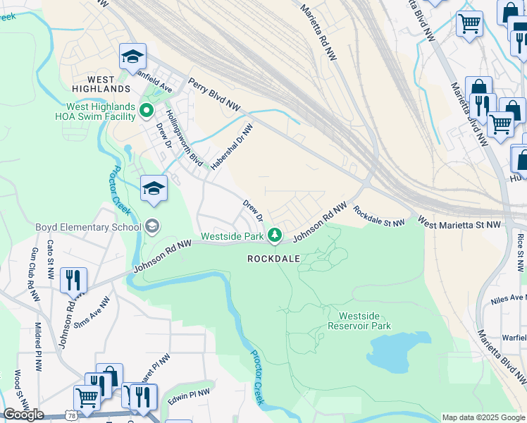 map of restaurants, bars, coffee shops, grocery stores, and more near 1512-1540 Drew Drive in Atlanta