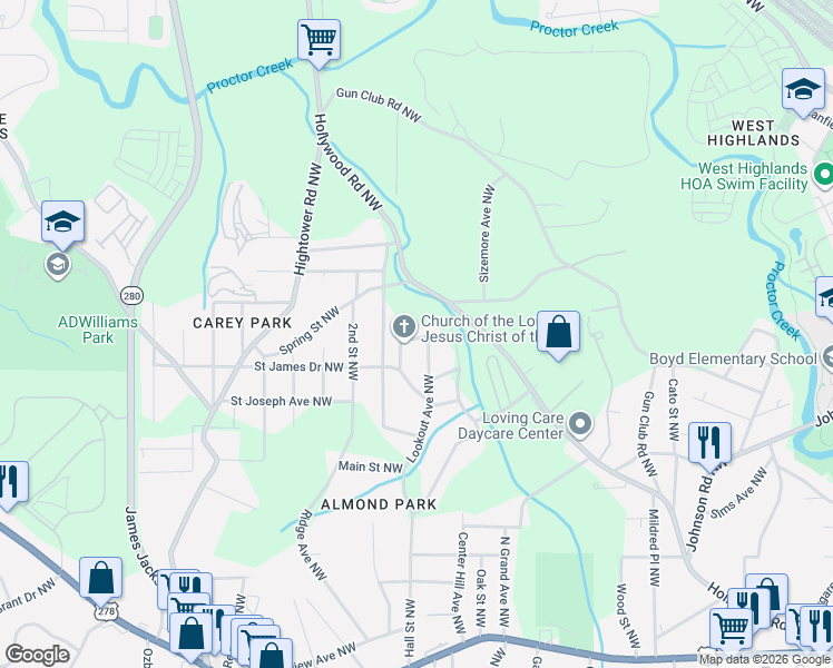 map of restaurants, bars, coffee shops, grocery stores, and more near 2353 North Circle Drive Northwest in Atlanta