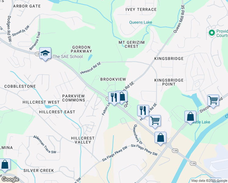 map of restaurants, bars, coffee shops, grocery stores, and more near 6885 Slate Stone Way Southeast in Mableton