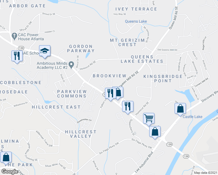 map of restaurants, bars, coffee shops, grocery stores, and more near 6778 Blackstone Place in Mableton