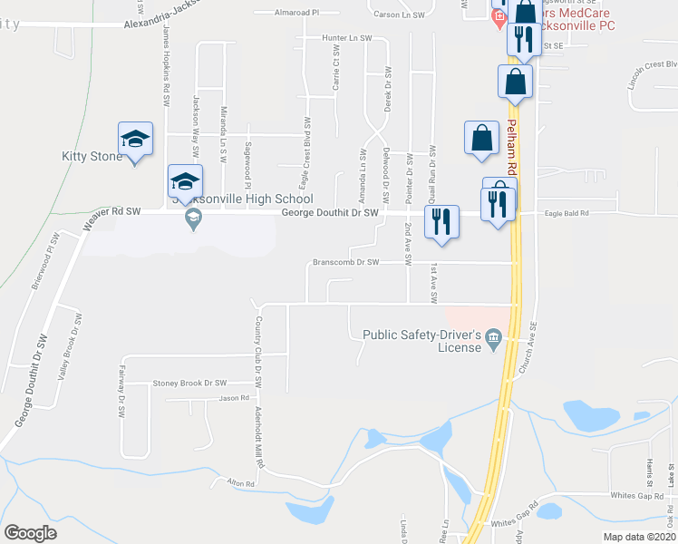 map of restaurants, bars, coffee shops, grocery stores, and more near 1482 Bailee Way Southwest in Jacksonville