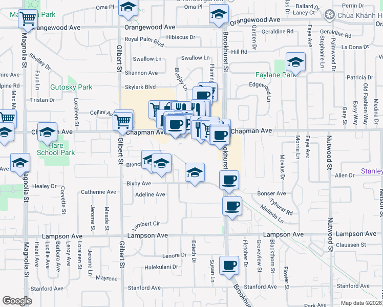 map of restaurants, bars, coffee shops, grocery stores, and more near 9852 Chapman Avenue in Garden Grove