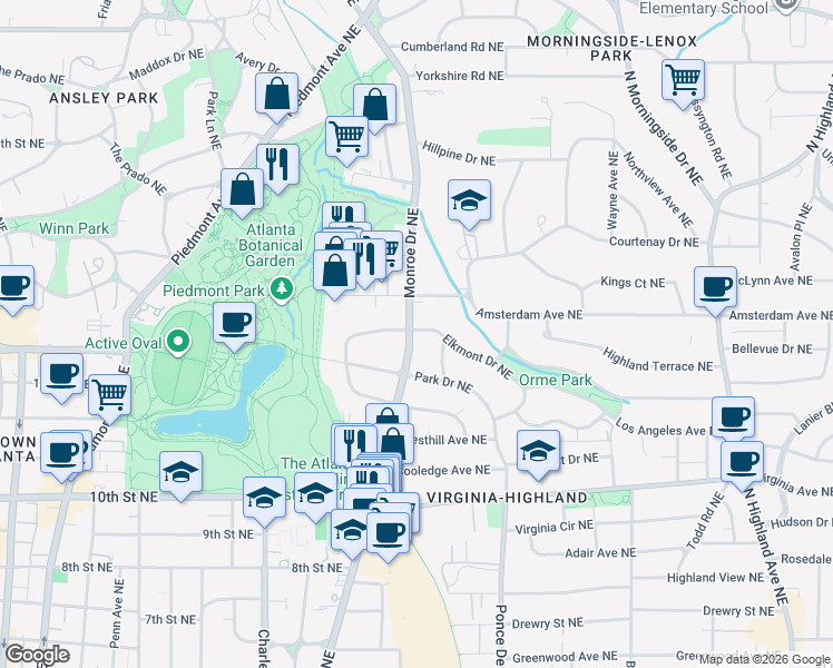 map of restaurants, bars, coffee shops, grocery stores, and more near 1202 Monroe Drive Northeast in Atlanta