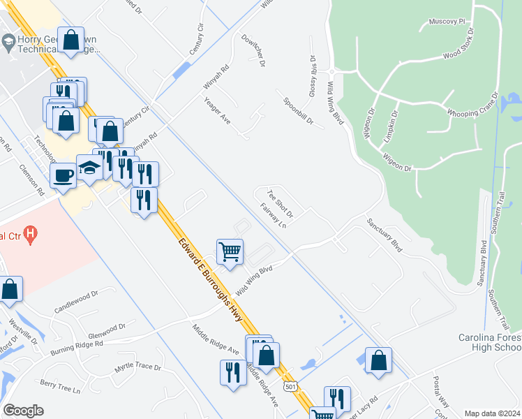 map of restaurants, bars, coffee shops, grocery stores, and more near 1122 Fairway Lane in Conway