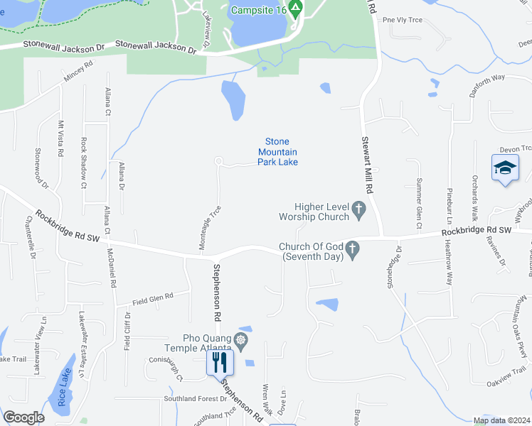 map of restaurants, bars, coffee shops, grocery stores, and more near 464 Monteagle Trce in Stone Mountain