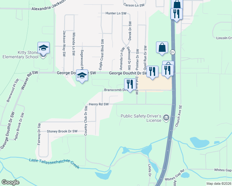 map of restaurants, bars, coffee shops, grocery stores, and more near 320 Branscomb Drive Southwest in Jacksonville