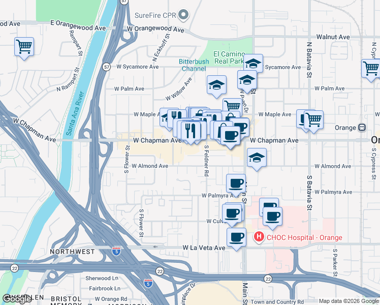 map of restaurants, bars, coffee shops, grocery stores, and more near 1718 West Chapman Avenue in Orange
