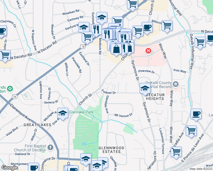 map of restaurants, bars, coffee shops, grocery stores, and more near 1335 Church Street in Decatur