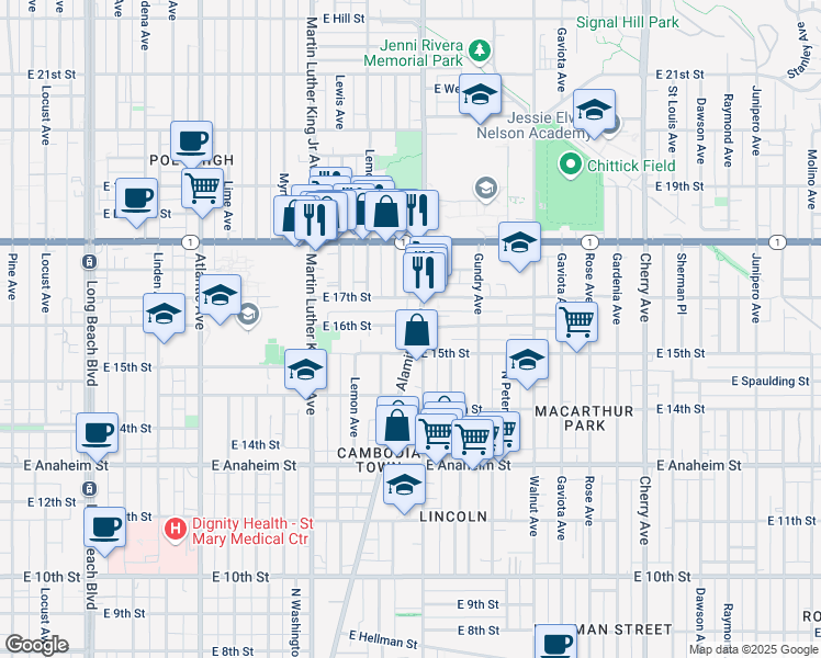 map of restaurants, bars, coffee shops, grocery stores, and more near 1141 East 16th Street in Long Beach