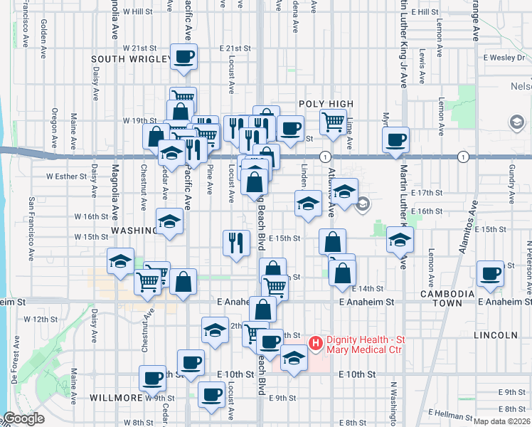 map of restaurants, bars, coffee shops, grocery stores, and more near 1598 Long Beach Boulevard in Long Beach