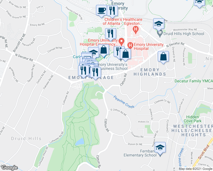 map of restaurants, bars, coffee shops, grocery stores, and more near 1478 Oxford Road Northeast in Atlanta
