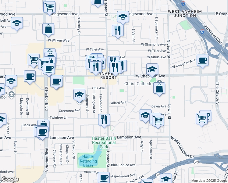 map of restaurants, bars, coffee shops, grocery stores, and more near 12121 Adrian Street in Garden Grove