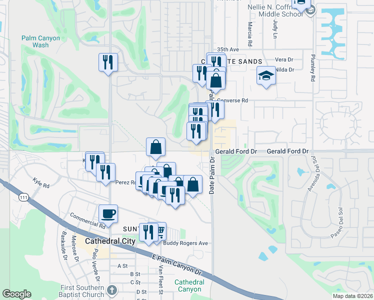 map of restaurants, bars, coffee shops, grocery stores, and more near 35888 Pso Circulo West in Cathedral City