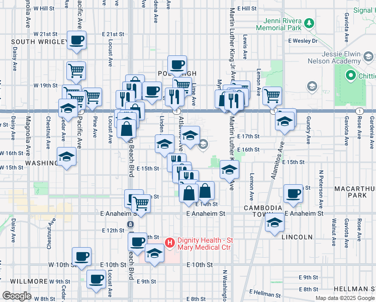 map of restaurants, bars, coffee shops, grocery stores, and more near 1600 Atlantic Avenue in Long Beach