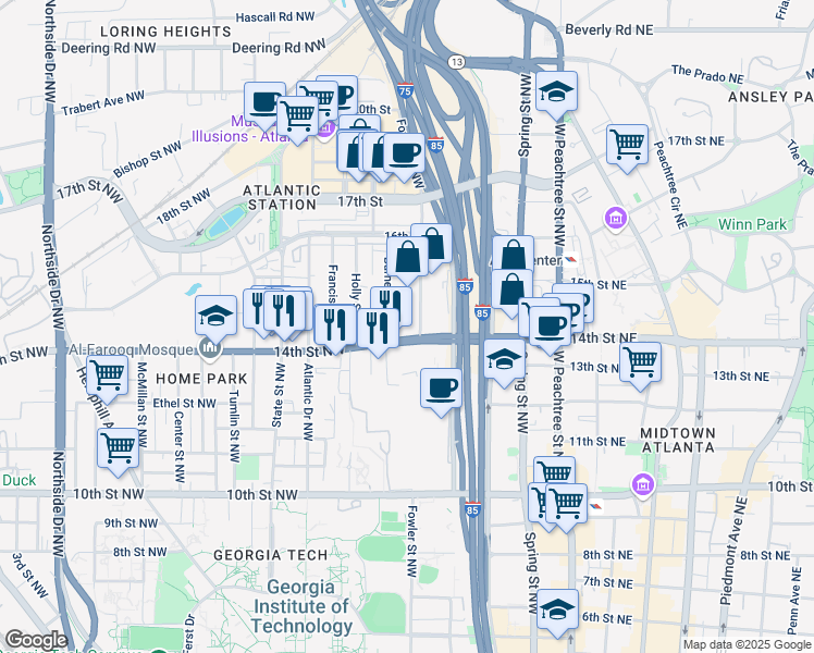 map of restaurants, bars, coffee shops, grocery stores, and more near 199 14th Street Northwest in Atlanta
