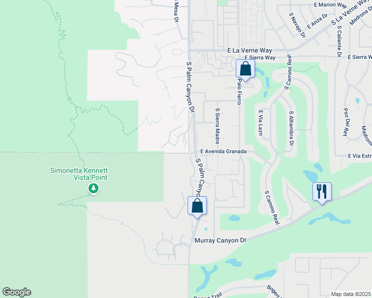 map of restaurants, bars, coffee shops, grocery stores, and more near 2285 Cahuilla Hills Drive in Palm Springs
