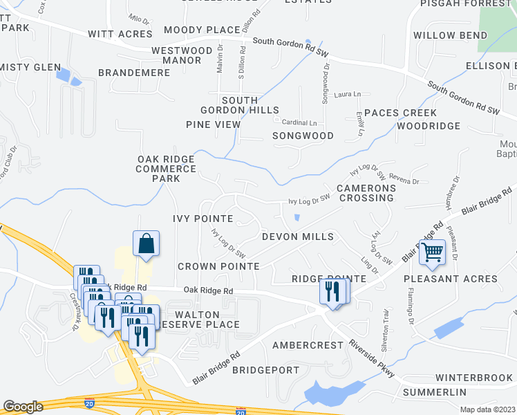 map of restaurants, bars, coffee shops, grocery stores, and more near 6742 Ivy Log Drive Southwest in Austell