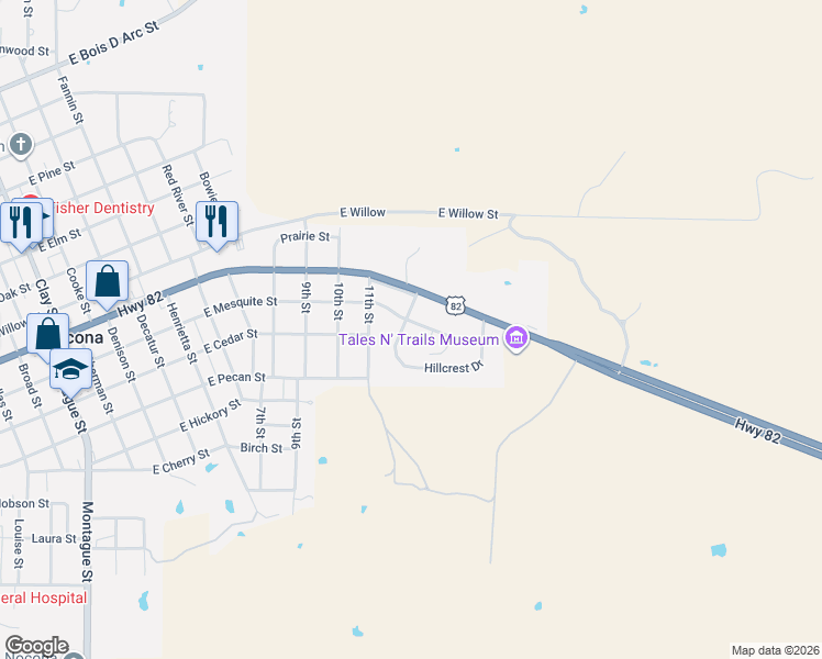map of restaurants, bars, coffee shops, grocery stores, and more near 102 Hillcrest Drive in Nocona