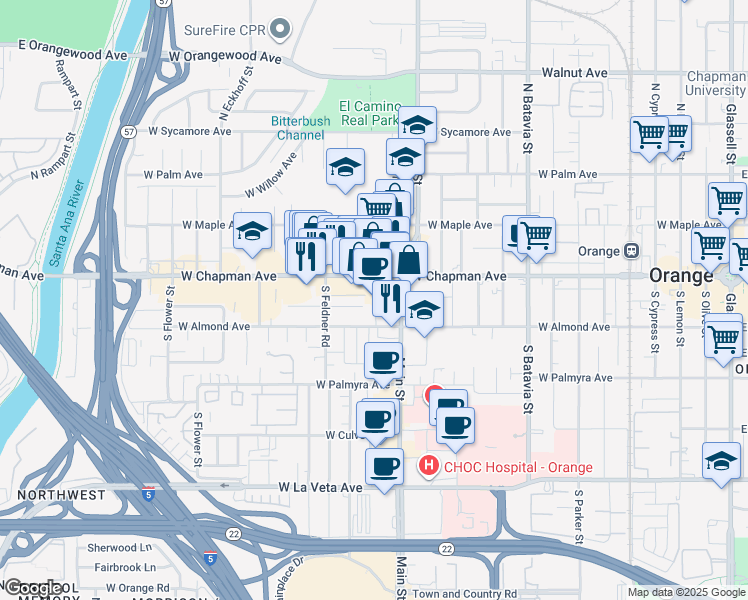 map of restaurants, bars, coffee shops, grocery stores, and more near 146 South Main Street in Orange