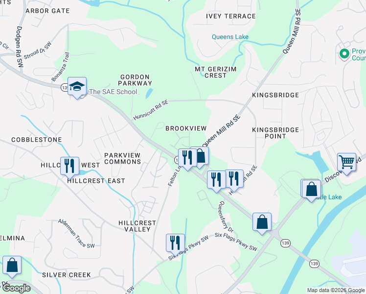 map of restaurants, bars, coffee shops, grocery stores, and more near 6778 Blackstone Place in Mableton