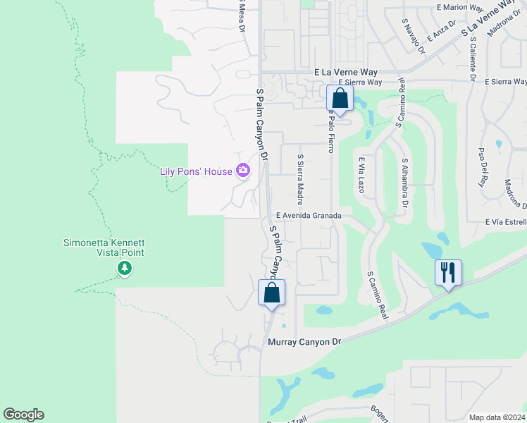 map of restaurants, bars, coffee shops, grocery stores, and more near 2499 South Palm Canyon Drive in Palm Springs