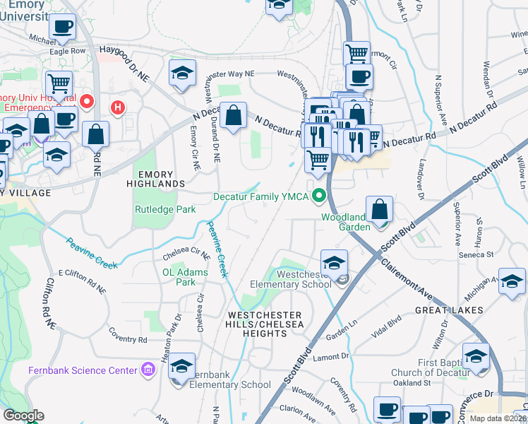 map of restaurants, bars, coffee shops, grocery stores, and more near 419 Spring House Cove Northeast in Atlanta