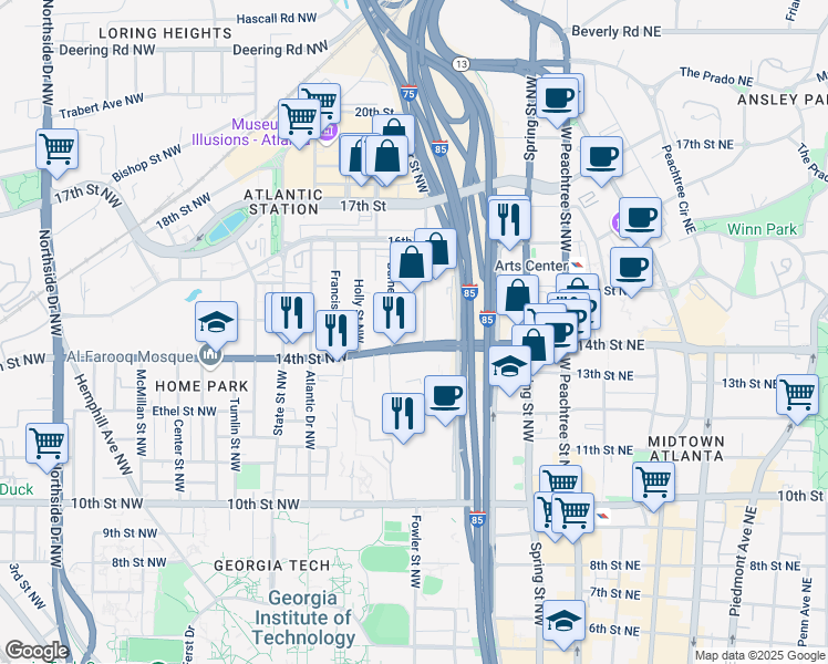 map of restaurants, bars, coffee shops, grocery stores, and more near 195 14th Street Northwest in Atlanta