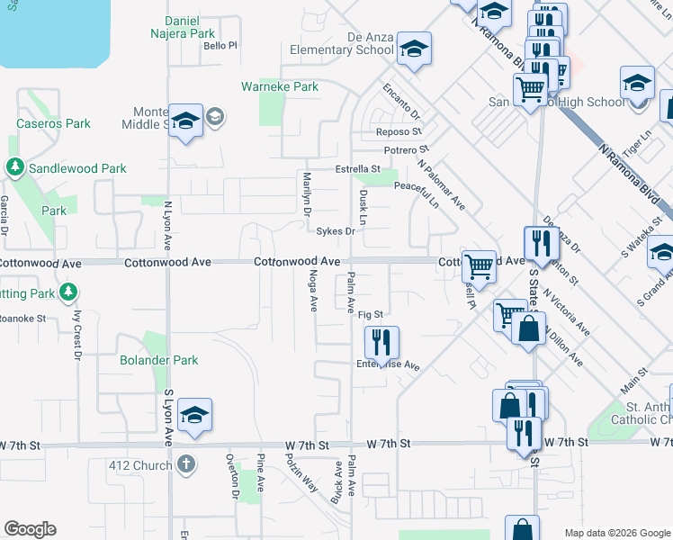 map of restaurants, bars, coffee shops, grocery stores, and more near 1151 Sycamore Lane in San Jacinto
