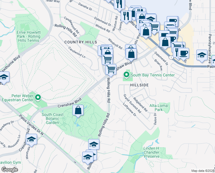 map of restaurants, bars, coffee shops, grocery stores, and more near 25935 Rolling Hills Road in Torrance