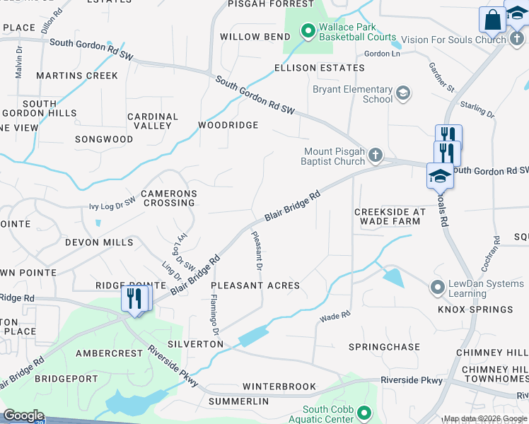 map of restaurants, bars, coffee shops, grocery stores, and more near 1080 Blair Bridge Road in Austell