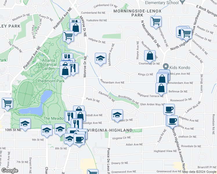 map of restaurants, bars, coffee shops, grocery stores, and more near 729 Brookridge Drive Northeast in Atlanta