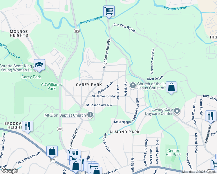 map of restaurants, bars, coffee shops, grocery stores, and more near 2490 Spring Street Northwest in Atlanta